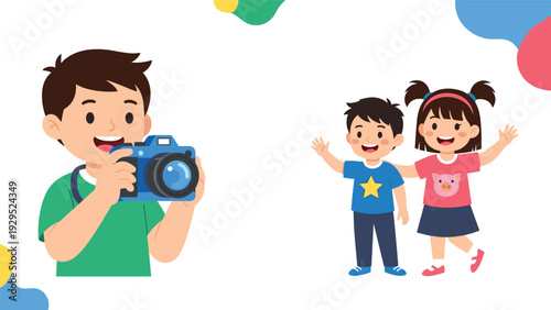 Young boy using a blue camera to take a photograph of his group of friends who are waving happily in the background.