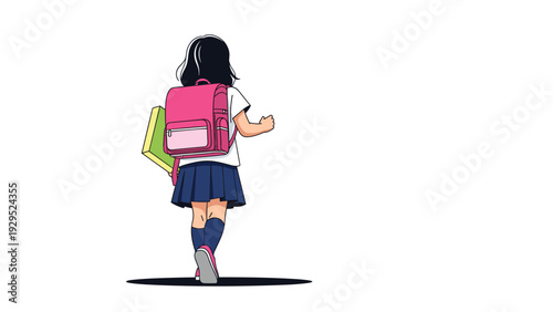 Young schoolgirl with a pink backpack and green book walking away in a simple cartoon vector illustration style.