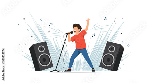 Talented young boy singing into a microphone on a stage with large speakers and musical notes in the background.