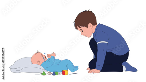 Caring older brother kneeling down to watch and comfort his crying baby sibling lying on a soft gray pillow at home.