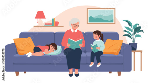 Kind grandmother sitting on a sofa and reading a storybook to her two young granddaughters in a cozy living room.