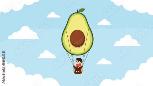 Whimsical illustration of a small child floating in the blue sky inside an avocado shaped hot air balloon basket.