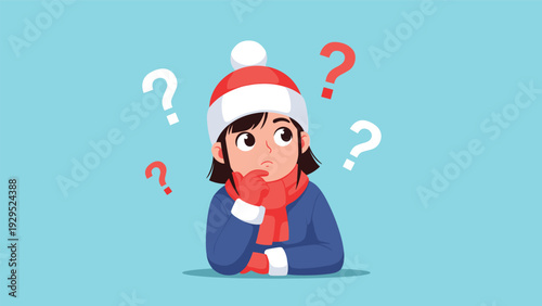 Young girl wearing winter clothes and a hat looking confused with several large question marks around her head.