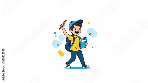 Happy schoolboy with a blue backpack and a giant pencil walking to school with a big joyful smile on his face.