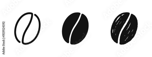 Coffee Bean Icon Set - Hand Drawn Caffeine and Morning Drink Symbols in Outline, Solid, and Doodle Styles