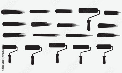 Black paint roller icons and brush stroke marks on white background vector