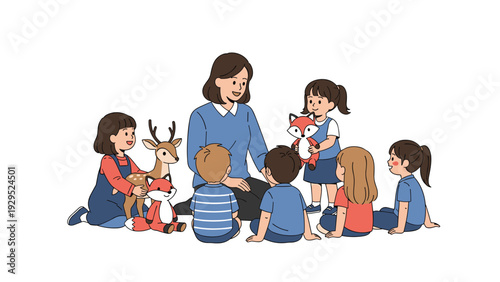 Kindergarten teacher and a circle of young children sit on the floor while playing with stuffed animal toys like deer and foxes.