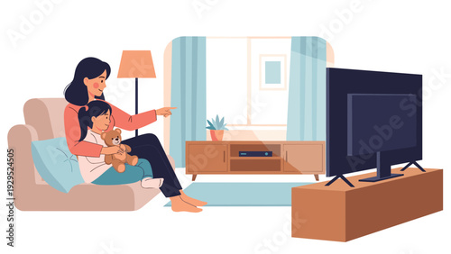 Mother and her young daughter relax on a sofa while holding a teddy bear and pointing at a show on the television screen.