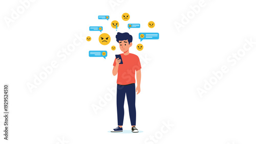 Sad young boy looks at his smartphone screen while surrounded by negative floating message bubbles and angry emoji icons.