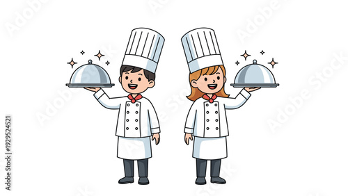Boy and girl chefs wearing white uniforms and tall hats proudly presenting delicious meals under silver cloches in restaurant.