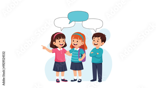Group of diverse school children in uniforms talking together with speech bubbles representing communication and friendship.