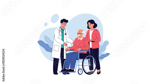 Male doctor in white coat holding medical charts during health checkup of senior patient in wheelchair with his daughter.
