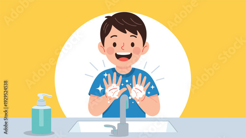Cheerful young boy washing hands with soap bubbles at the sink to maintain personal hygiene and prevent spread of germs.