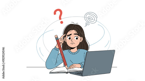 Confused young girl sitting at a desk with laptop and notebook while trying to solve a difficult problem during home study.