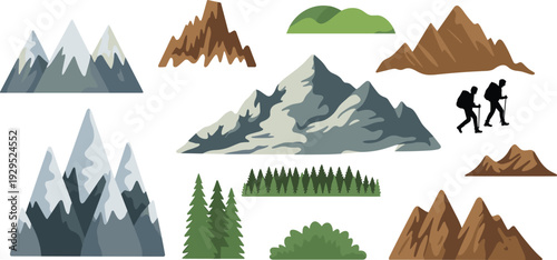 Various illustrated mountains, trees, and hikers in different colors and styles peaks snow brown green