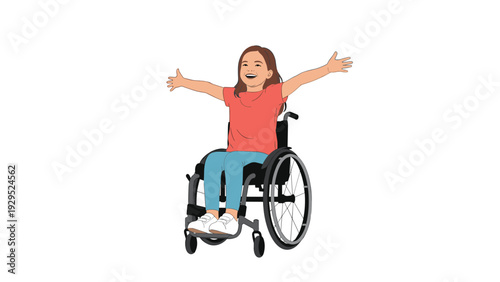 Cheerful young girl in wheelchair raising her arms and smiling to express freedom, happiness, and inclusive lifestyle.