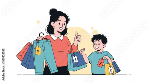 Happy mother and her young son shopping for clothes and holding bags while giving thumbs up for successful fashion purchase.