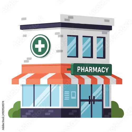 Modern Flat Design Vector Pharmacy Building with Green Cross Icon