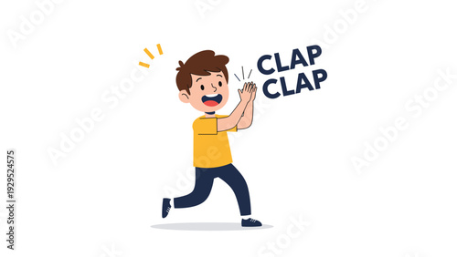 Enthusiastic young boy in yellow t-shirt running and clapping his hands to celebrate success or show appreciation and joy.