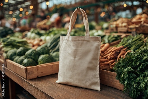 Reusable shopping bag on wooden market surface