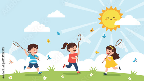 Group of happy children running in a sunny meadow with nets to catch colorful butterflies on a bright summer day.
