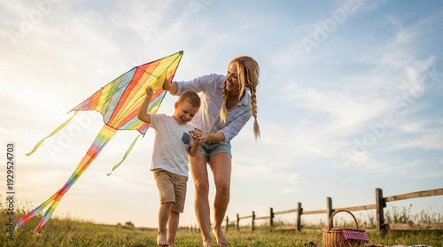 A mother with sun-bleached blond braids and her son, both barefoot, hold a homemade kite