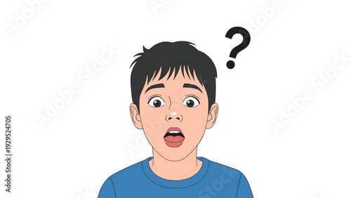 Surprised or confused young boy with his mouth open and a question mark over his head representing curiosity and doubt.