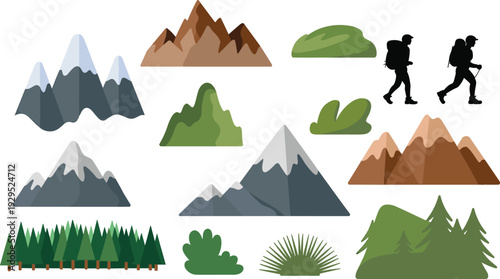 Various Mountain Scenes with Hikers and Forest in Green and Brown Tones mountains walking