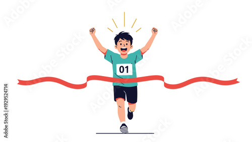Successful boy athlete crossing the finish line and raising his arms in victory during a competitive running race event.