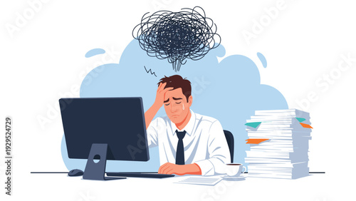 Overworked businessman sitting at a desk with computer and piles of documents while feeling stressed and overwhelmed by work.