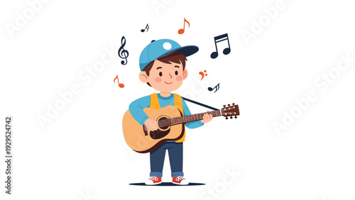 Young boy playing acoustic guitar with colorful music notes floating around him in a flat vector illustration style.