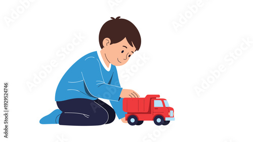 Young boy kneeling on the ground and focused on playing with a red toy dump truck during creative childhood activity.