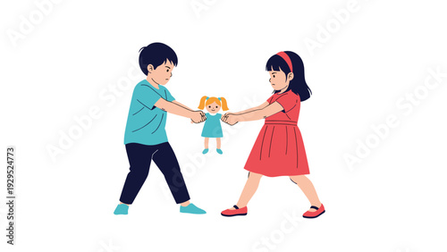 Angry young boy and girl fighting over a small doll toy in a conflict or sibling rivalry cartoon illustration.