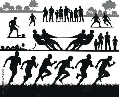 Various sports silhouettes of people engaging in different physical activities outdoors
