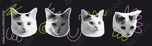 pop art halftone collage with cat portraits arranged in a row with vibrant neon doodle accents on a dark background, retro texture with modern graphic design