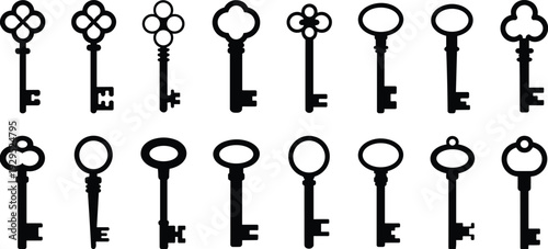 Set of vintage skeleton keys silhouettes isolated on white background, antique ornate key collection in black design for security, locksmith and retro decoration concepts