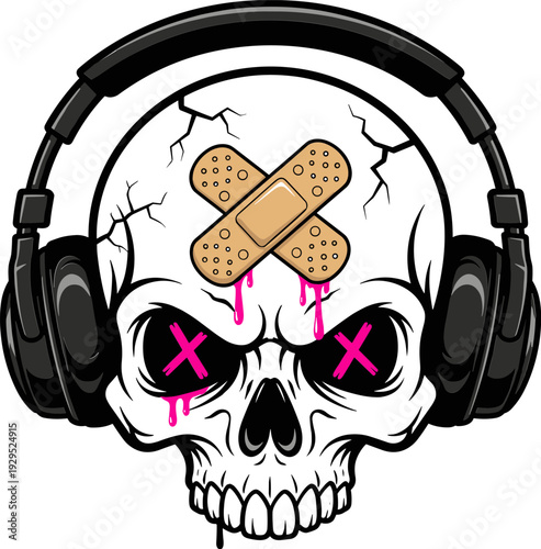 A cartoon skull wearing black headphones with a band aid on its forehead and pink blood dripping from its eyes, conveying a bold and edgy aesthetic.