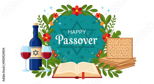 Happy Passover Celebration with Matzah, Wine, and Open Book Surrounded by Flowers