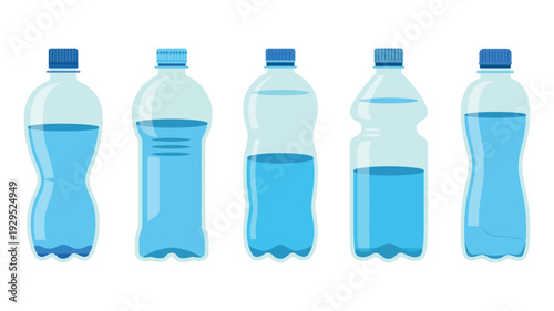 Flat plastic water bottles of various shapes, vector illustration, isolated on white background, reusable container design, beverage packaging, eco-friendly product concept.