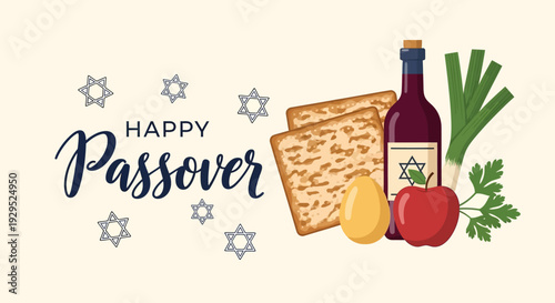 Happy Passover Celebration With Traditional Food and Symbols Vector Illustration