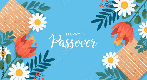 Happy Passover Greeting Card with Matzah, Daisies, and Orange Flowers on Blue