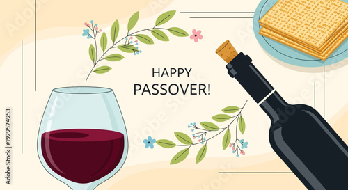 Happy Passover Celebration with Wine, Matzah, and Floral Decorations Vector Art