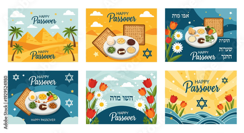 Happy Passover Greetings with Symbols and Traditional Food - Vector Illustrations
