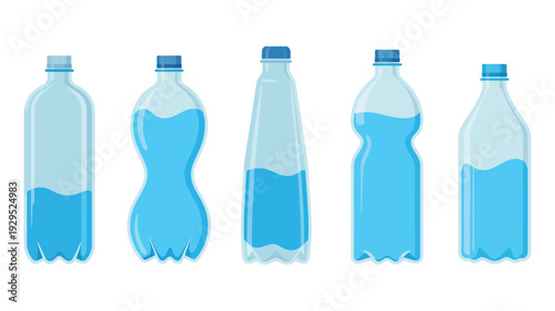 Flat plastic water bottles of various shapes, vector illustration, isolated on white background, reusable container design, beverage packaging, eco-friendly product concept.