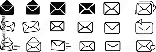 Email envelope icons set with open, closed, send and receive mail symbols isolated on white background vector illustration for communication and messaging design