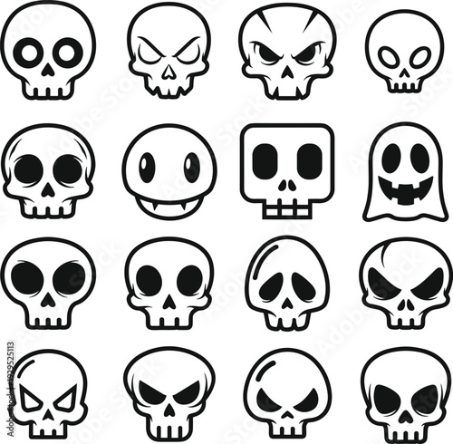 A set of black and white cartoon skulls with different emotive expressions, including happy, angry, and spooky faces, arranged on a plain white background, ideal for Halloween or design projects.