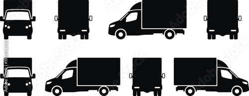 Set of delivery truck silhouettes from different angles including front side and back view isolated on white for transport logistics