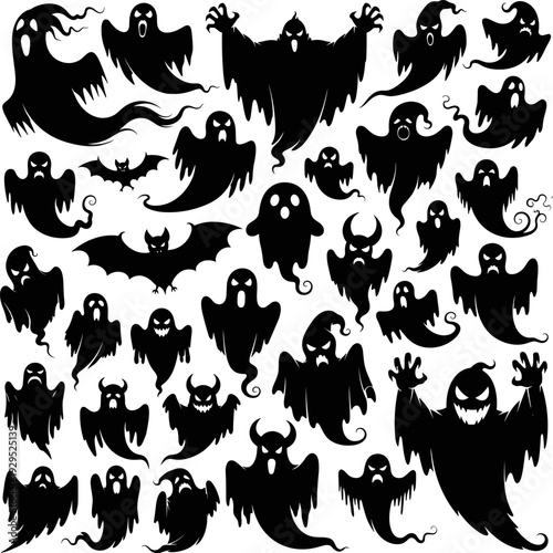 A collection of black ghost and bat silhouettes on a white background, perfect for Halloween designs, spooky themes, and eerie atmospheres.