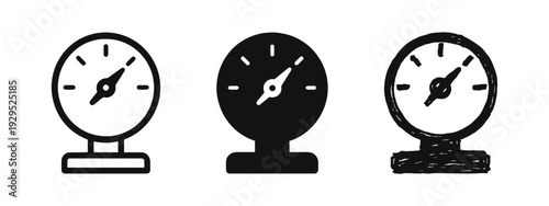 Gauge vector icon set. Pressure meter, manometer, measurement dial symbol in outline, filled, and doodle styles.