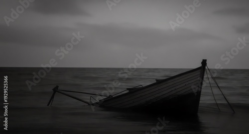 Abandoned boat adrift on a dark sea